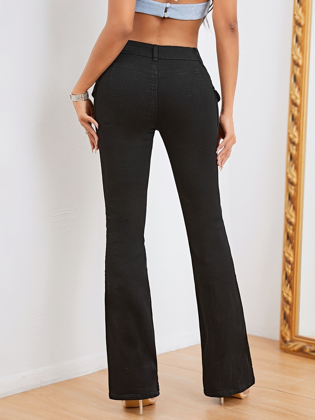 xieyinshe  Plain Flap Pockets Cargo Flare Jeans, High Stretch Mid Waist Bell Bottom Jeans, Women's Denim Jeans & Clothing