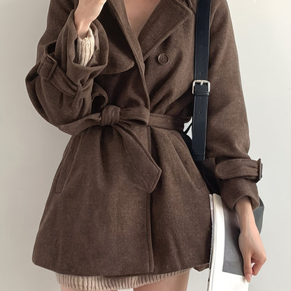 xieyinshe  Solid Lapel Belted Overcoat, Elegant Long Sleeve Winter Warm Outwear, Women's Clothing