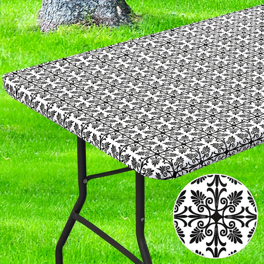 1pc Baroque Vinyl Rectangle Table Cover - Waterproof Tablecloths with Elastic Edge and Fleece Backing for Picnic, Camping, Outdoor Use, Decorative Home Supplies with Easy Clean and Durable Performance