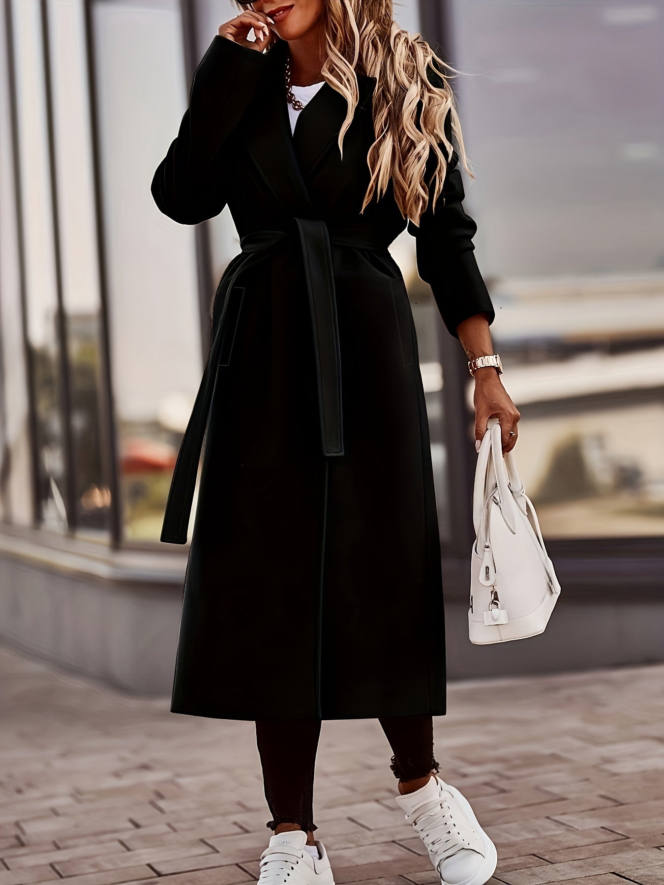 Plus Size Elegant Coat, Women's Plus Solid Long Sleeve Lapel Collar Longline Woolen Coat With Pockets