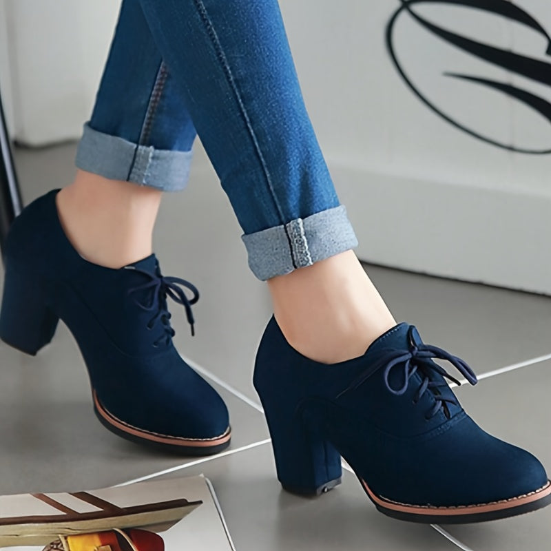 Stylish Comfy Lace-Up Round Toe Pumps - Solid Color Chunky Heel Office Shoes for Women - All-Match, Breathable, and Soft Insoles for Ultimate Comfort