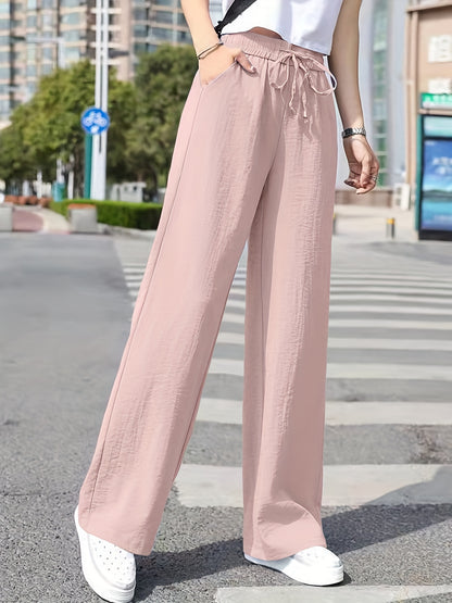 xieyinshe  Minimalist Solid Drawstring Pants, Casual Long Length Elastic Waist Wide Leg Pants, Women's Clothing