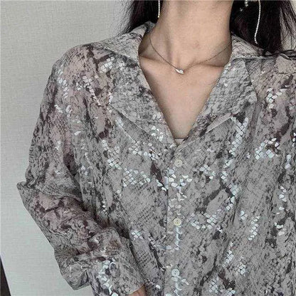 Women's Blouses Shirts Snake Print Sequined Blouse Glitter Ladies Top Long Sleeve Button Down Shirt For Women Autumn Blouse Korean Fashion Shorts Suits 220923