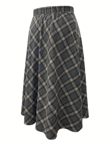 xieyinshe  Plus Size Elegant Skirt, Women's Plus Plaid Print Elastic Woolen A-line All-match Skirt