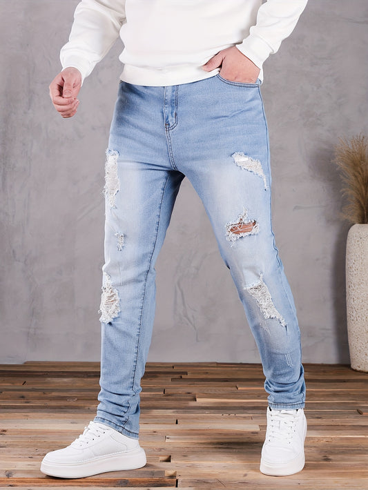 xieyinshe Plus Size Men's Slim Fit Ripped Jeans Spring Fall Denim Pants For Males