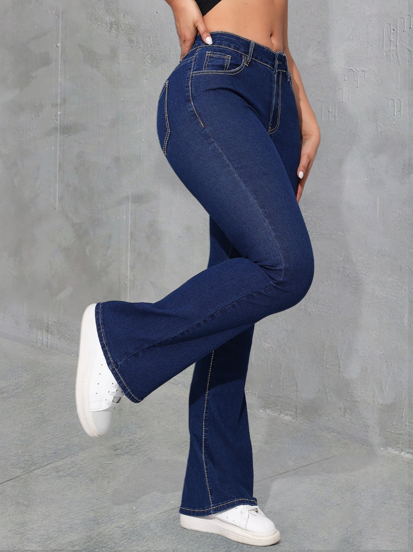 xieyinshe  Plain Medium Sblue Bootcut Jeans, High Stretch Preppy Style Flare Leg Denim Pants, Women's Denim Jeans & Clothing