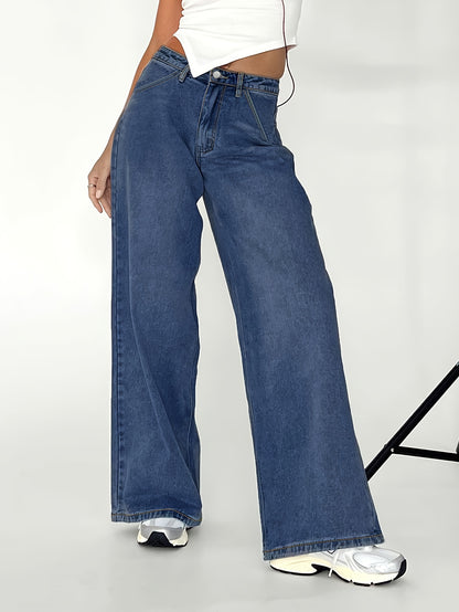 xieyinshe Plain Slash Pocket Wide Leg Jeans, Casual Loose Fit High Rise Denim Pants, Women's Denim Jeans & Clothing