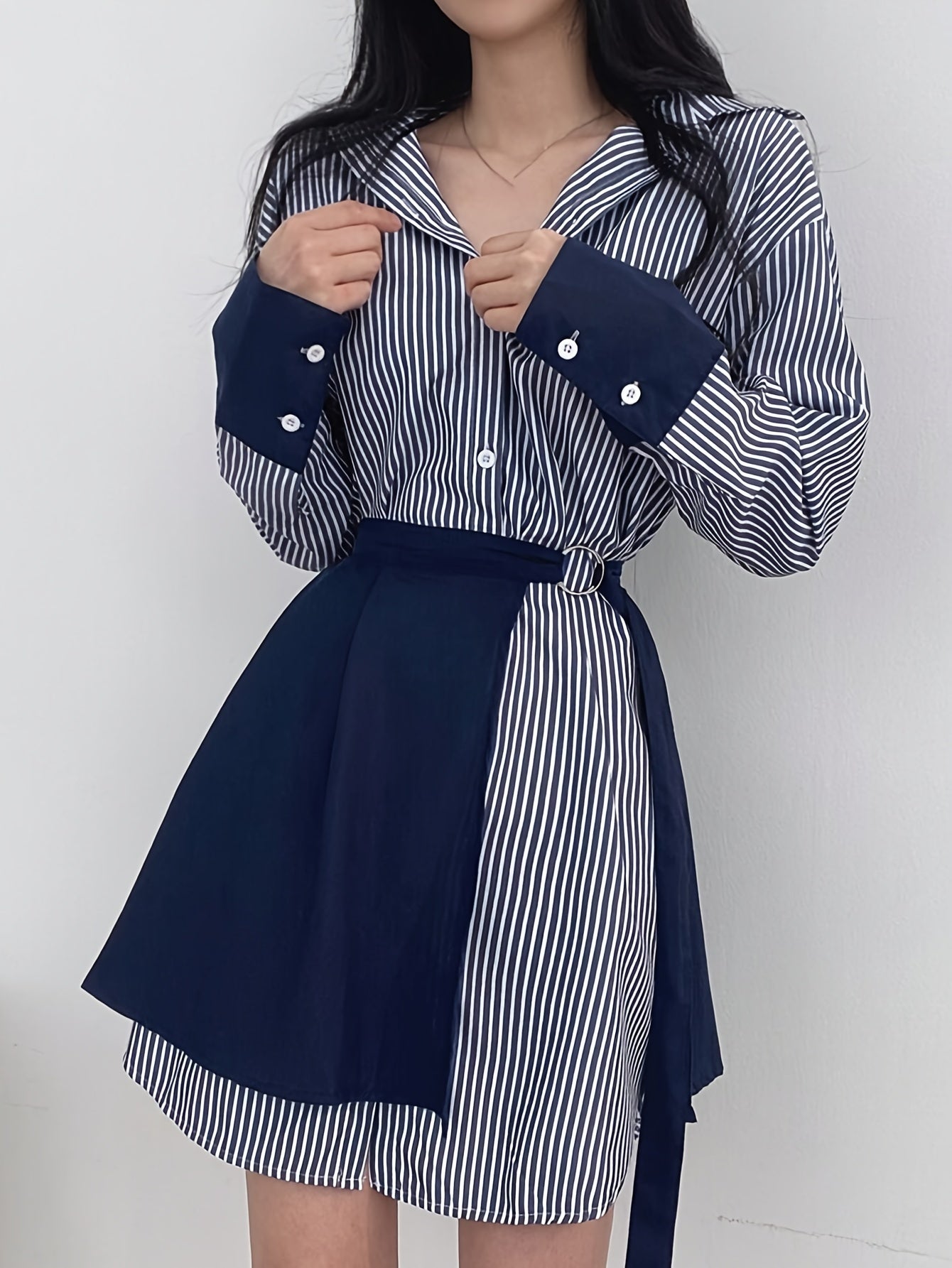 xieyinshe Stripe Print Button Front Wrap Dress, Stylish Cuff Sleeve Lapel A-line Dress, Women's Clothing