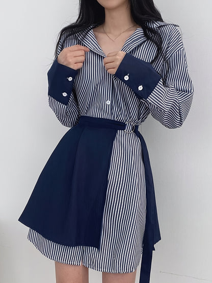 xieyinshe Stripe Print Button Front Wrap Dress, Stylish Cuff Sleeve Lapel A-line Dress, Women's Clothing