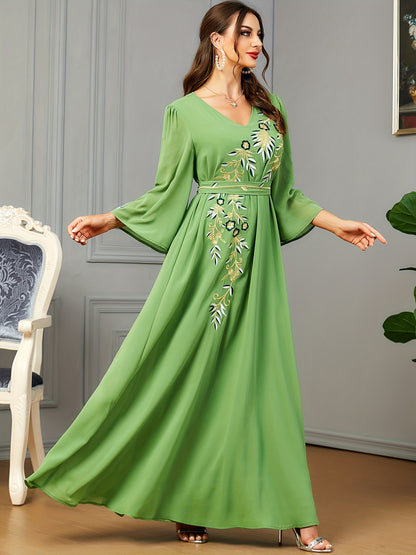 Floral Embroidered V Neck Belted Dress, Elegant Bell Sleeve Maxi Dress, Women's Clothing