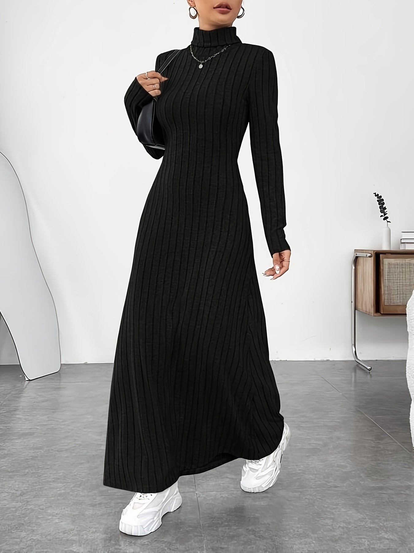 Turtleneck Ribbed A-line Dress, Elegant Long Sleeve Dress For Spring & Fall, Women's Clothing