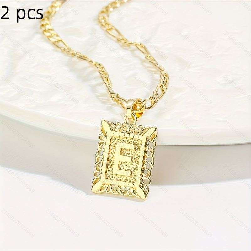 2 pcs Personalized Initial Letter Pendant Necklace - 18K Gold Plated Square Capital Monogram in Figaro Chain - Fashionable Alloy Necklace for Men and Women with A-Z Alphabet Options