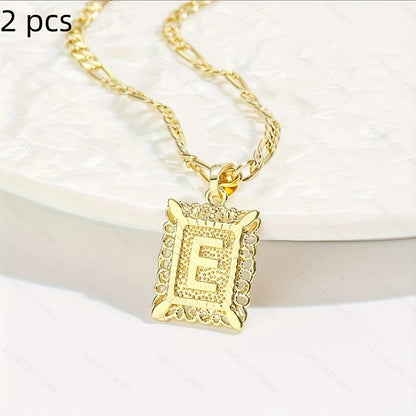 2 pcs Personalized Initial Letter Pendant Necklace - 18K Gold Plated Square Capital Monogram in Figaro Chain - Fashionable Alloy Necklace for Men and Women with A-Z Alphabet Options