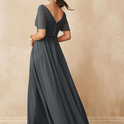 ALICEPUB Wrap V-Neck Bridesmaid Dress Chiffon Long Maxi Formal Dress For Women Party Evening Short Sleeves