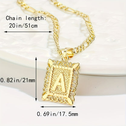 2 pcs Personalized Initial Letter Pendant Necklace - 18K Gold Plated Square Capital Monogram in Figaro Chain - Fashionable Alloy Necklace for Men and Women with A-Z Alphabet Options