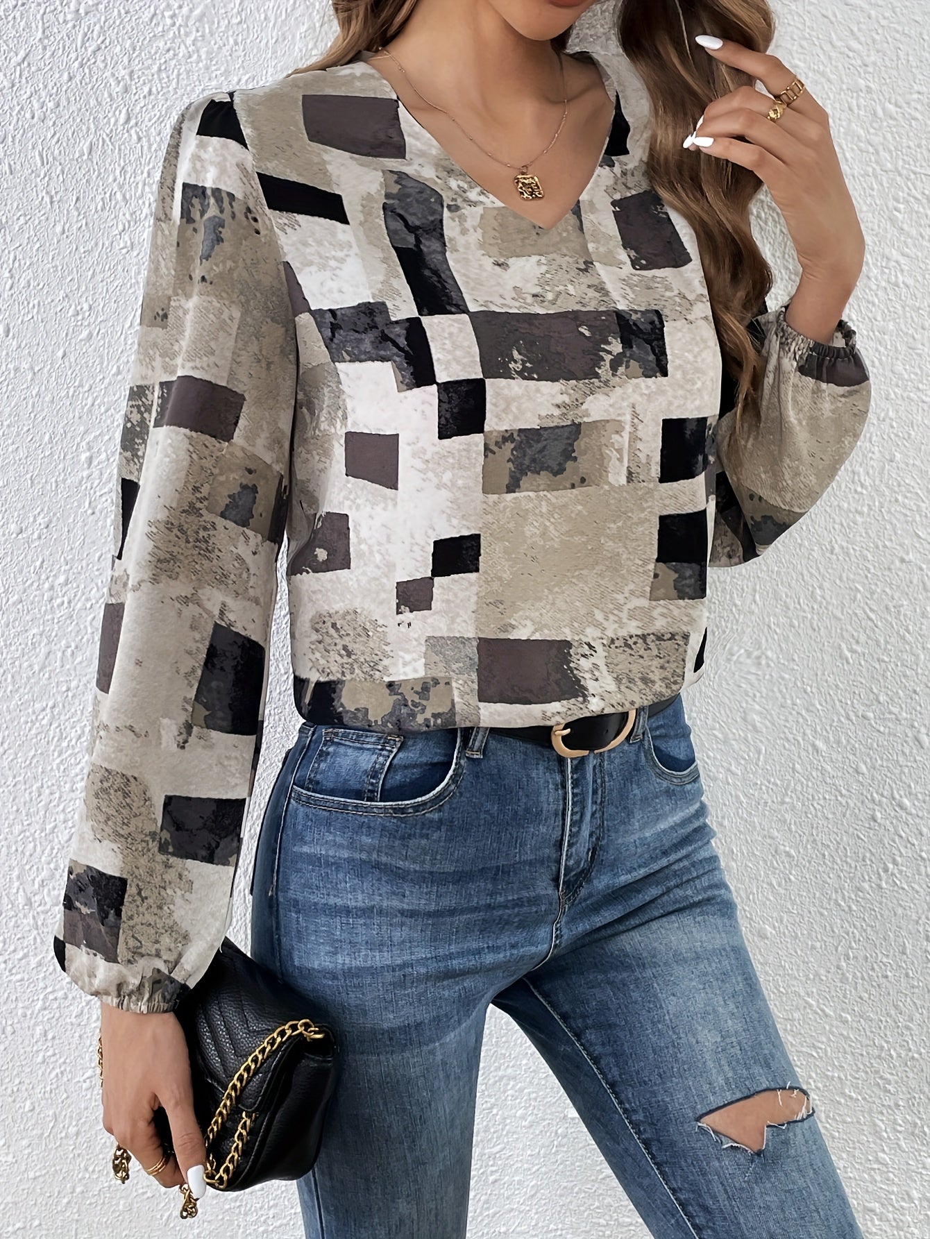 Geo Print Simple Blouse, Casual V Neck Long Sleeve Blouse, Women's Clothing