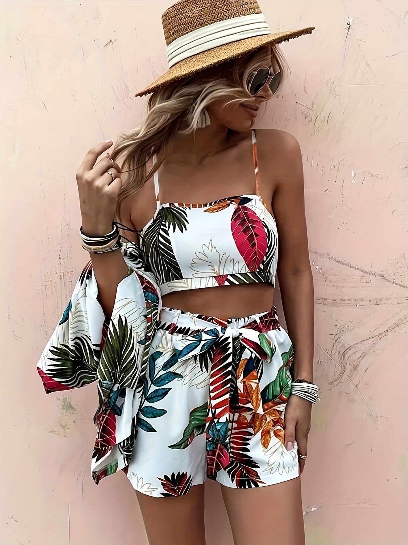 xieyinshe  Tropical Print Three-piece Set, Vacation Crop Cami Top & Belted Shorts & Open Front Coverup Outfits, Women's Clothing