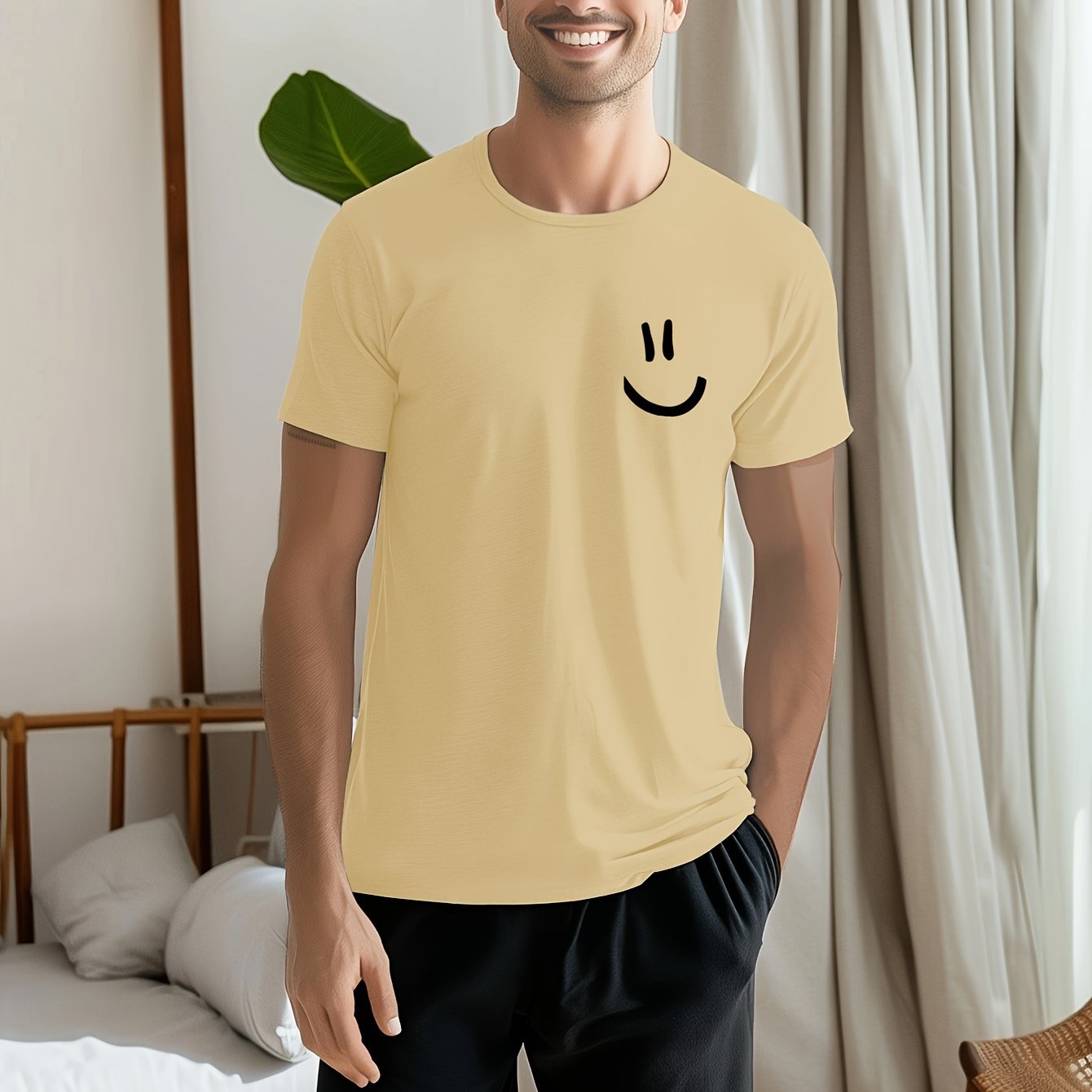 Men's Smile Face Print Short Sleeve Pajama T-Shirts, Fashion Design With Solid Color & Crew Neck, For Summer Sleep Wear