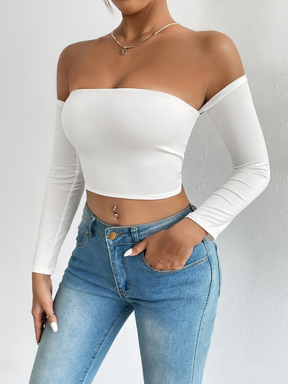 xieyinshe  Off Shoulder Crop T-Shirt, Casual Long Sleeve Top For Spring & Fall, Women's Clothing