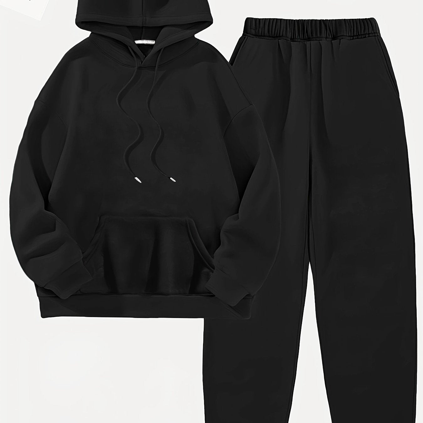 Solid Casual Two-piece Set, Drawstring Long Sleeve Hoodies & Workout Jogger Pants Outfits, Women's Clothing