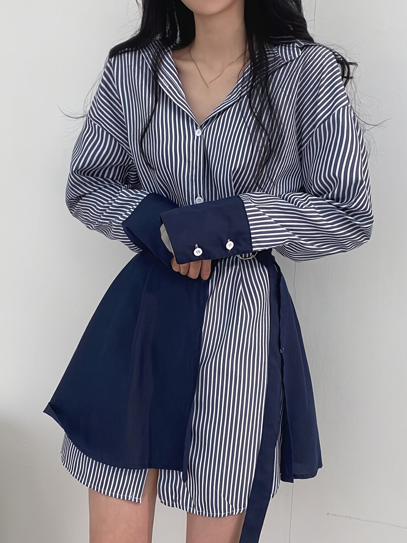 xieyinshe Stripe Print Button Front Wrap Dress, Stylish Cuff Sleeve Lapel A-line Dress, Women's Clothing