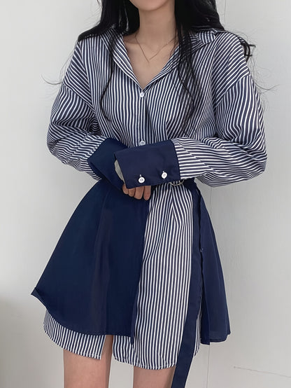 xieyinshe Stripe Print Button Front Wrap Dress, Stylish Cuff Sleeve Lapel A-line Dress, Women's Clothing