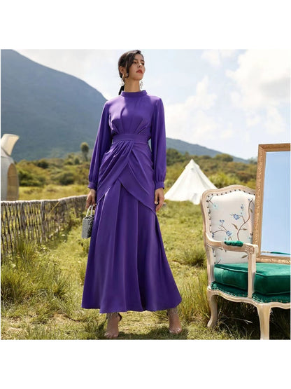 Women's Swing Dress Maxi Long Dress Purple Long Sleeve Solid Color Ruffle Fall Round Neck Casual Loose Dresses