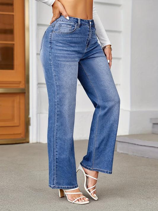 xieyinshe  Plus Size Casual Jeans, Women's Plus Solid Button Fly High Rise Medium Stretch Straight Leg Jeans