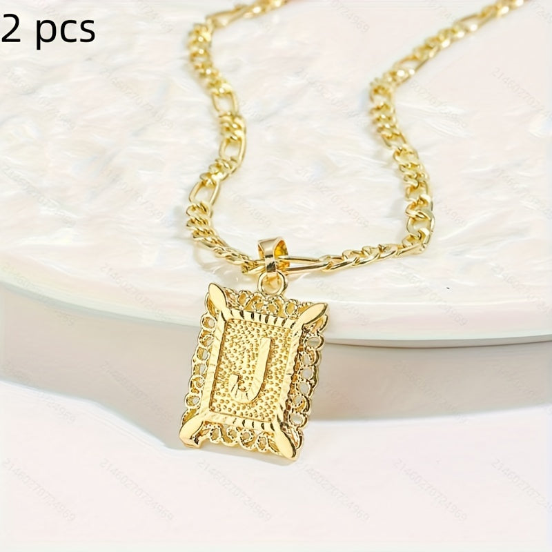 2 pcs Personalized Initial Letter Pendant Necklace - 18K Gold Plated Square Capital Monogram in Figaro Chain - Fashionable Alloy Necklace for Men and Women with A-Z Alphabet Options