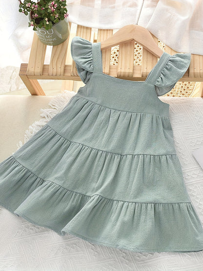 Toddler Girls Ruffled Sleeves Square Collar Ruffle Hem Cotton Princess Dress For Party Beach Vacation Kids Summer Clothes