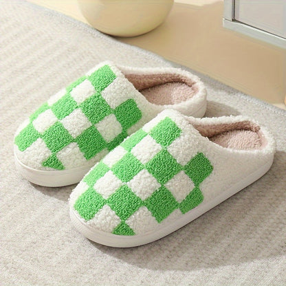 Casual Plaid Home Slippers - Cozy Warm Fleece Lined Indoor House Shoes for Couples, Minimalist Fashion Design, Slip-On, Round Toe, Fabric Upper, TPR Sole - Universal Fit for All Seasons