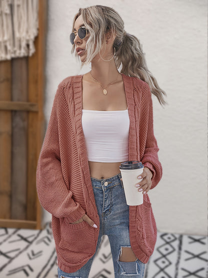 Loose Cable Drop Shoulder Long Cardigans, Casual Long Sleeve Fall Winter Knit Cardigan, Women's Clothing