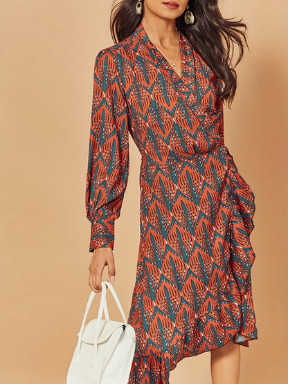 Graphic Print Ruffle Hem Dress, Casual V Neck Long Sleeve Dress, Women's Clothing