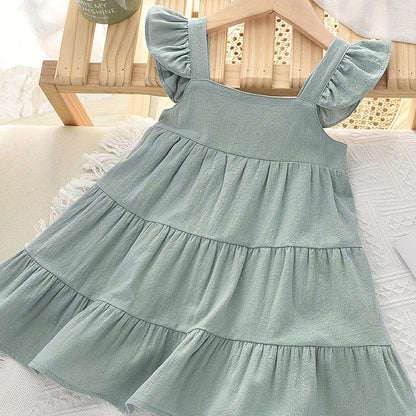 Toddler Girls Ruffled Sleeves Square Collar Ruffle Hem Cotton Princess Dress For Party Beach Vacation Kids Summer Clothes