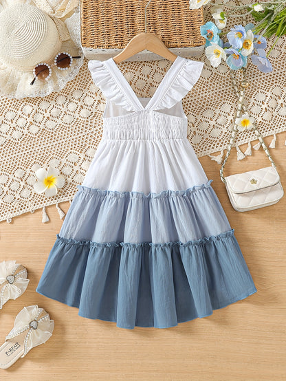 100% Cotton Little Princess Sleeveless Color Block Ruffle Trim Dress - Soft, Breathable, Regular Fit, Perfect for Summer Holiday Party and Outdoor Play - Girls Casual Wear