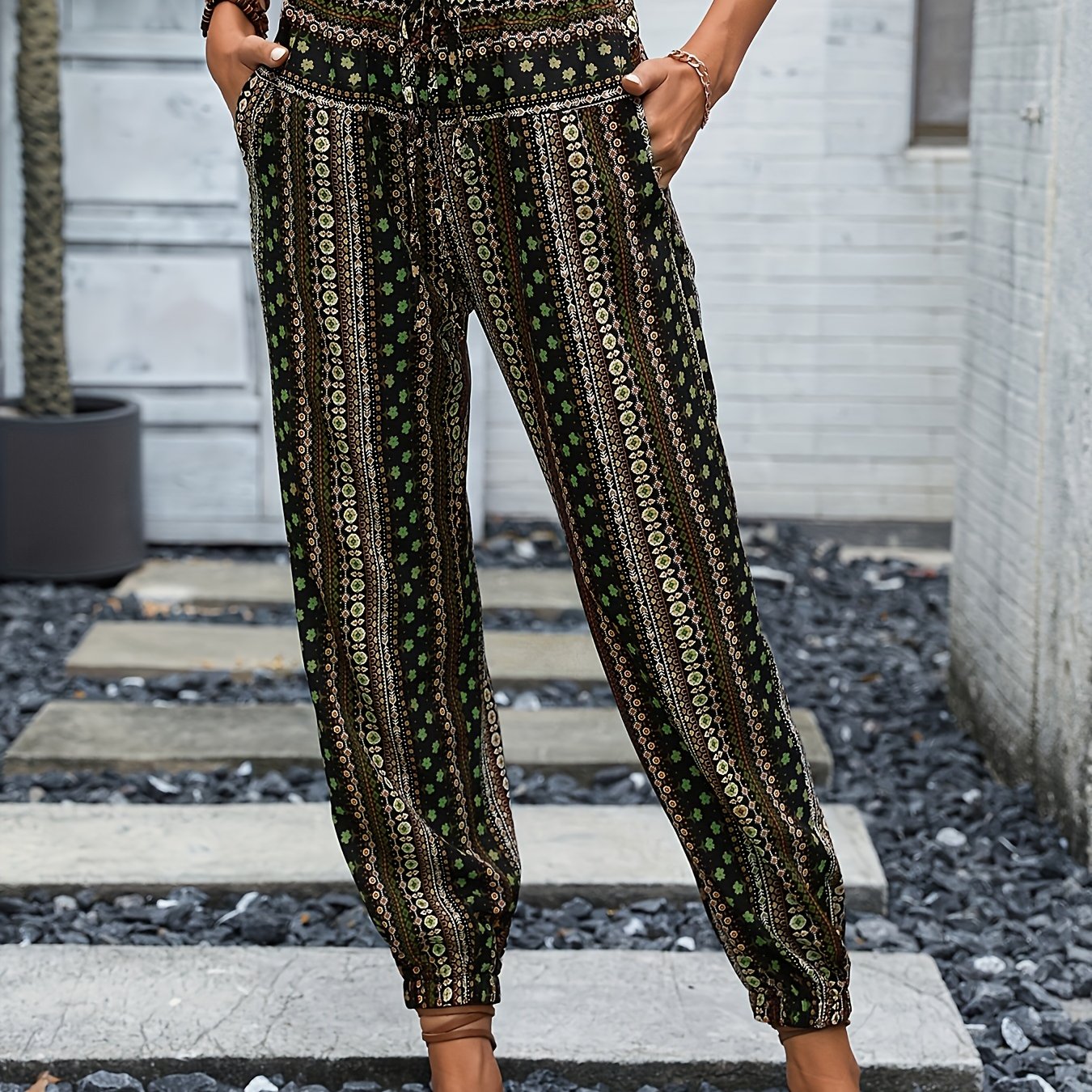 xieyinshe  Tribal Print Drawstring Pants, Boho Elastic Waist Pants For Spring & Summer, Women's Clothing