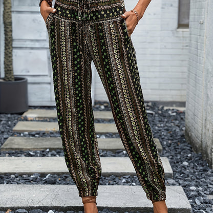 xieyinshe  Tribal Print Drawstring Pants, Boho Elastic Waist Pants For Spring & Summer, Women's Clothing