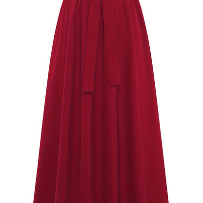 Solid Belted Maxi Skirts, Elegant Pleated Versatile Skirts, Women's Clothing