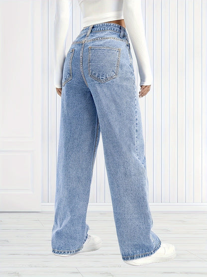 xieyinshe  Plain Washed Blue Wide Leg Jeans, Casual Slash Pocket Loose Fit Denim Pants, Women's Denim Jeans & Clothing