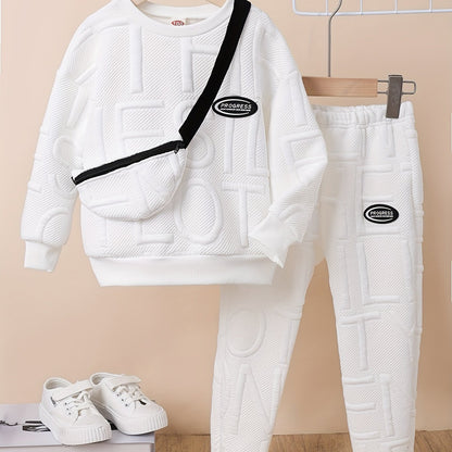 Boys Fall/Winter 2-Piece Set - Textured Lettered Pullover Sweatshirt, Ribbed Hem With Long Sleeve And Matching Striped Pants, Including Cute Crossbody Bag