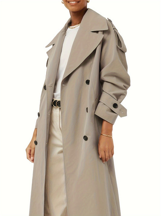 xieyinshe Double Breasted Lapel Trench Coat, Elegant Solid Long Sleeve Outerwear, Women's Clothing