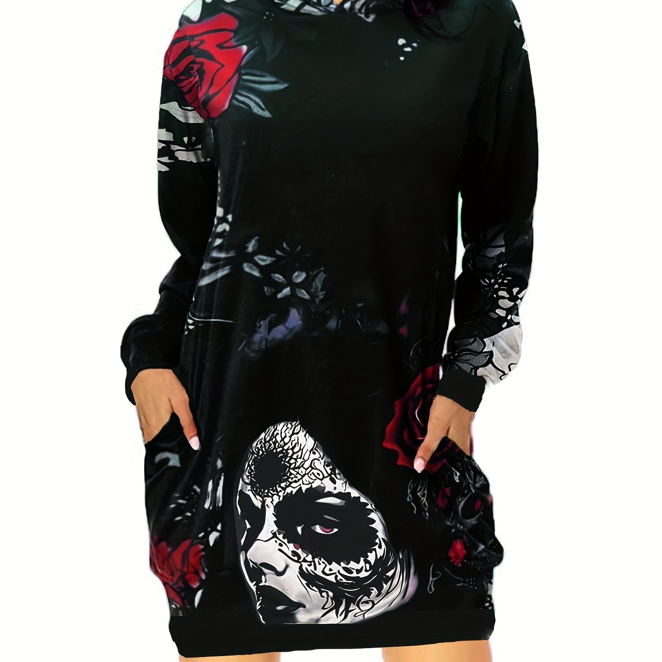 Skull & Flower Print Dress, Gothic Hooded Long Sleeve Mini Dress With Pockets, Women's Clothing