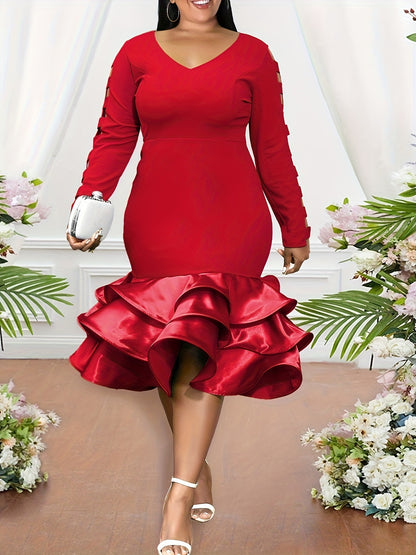 Plus Size Solid Cut Out Layered Ruffle Hem Dress, Elegant Long Sleeve Slim V-neck Dress For Party & Banquet, Women's Plus Size Clothing