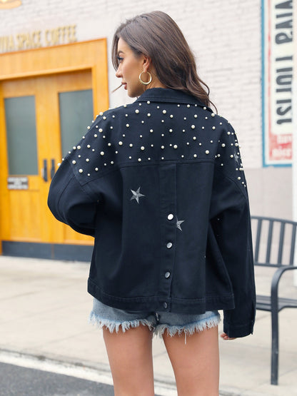 Faux Pearl Beaded Star Pattern Button Detail Denim Coat, Black Single-breasted Button Up Long Sleeve Loose Denim Jacket, Women's Denim Jeans & Clothing