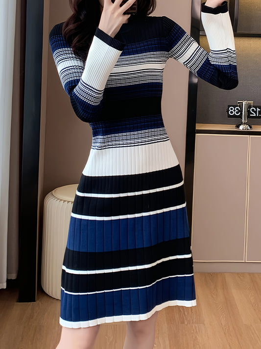 xieyinshe Striped Color Block Dress, Elegant Long Sleeve Midi Dress, Women's Clothing