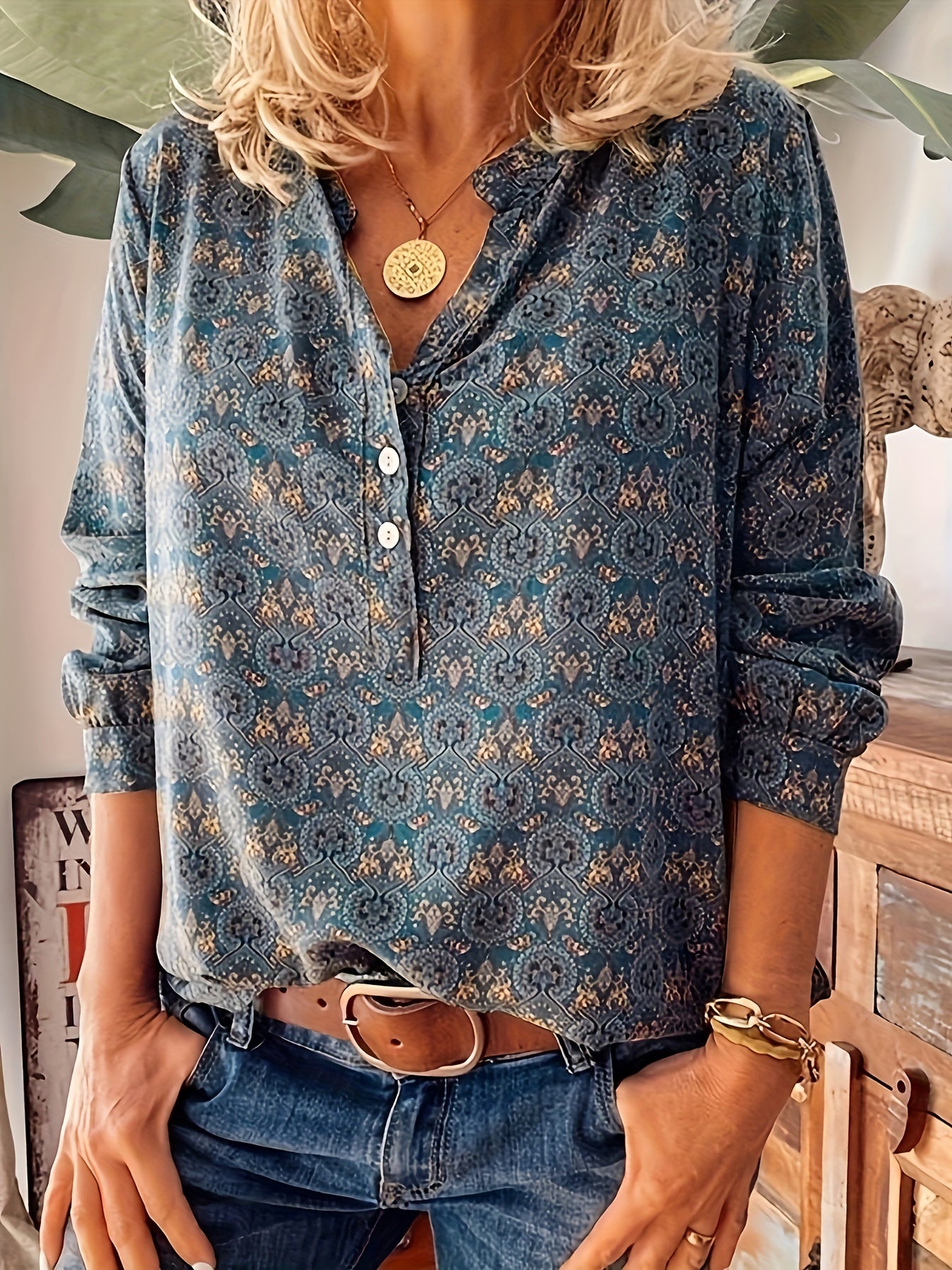 xieyinshe Ethnic Floral Print Blouse, Casual Half Button Long Sleeve Blouse, Women's Clothing