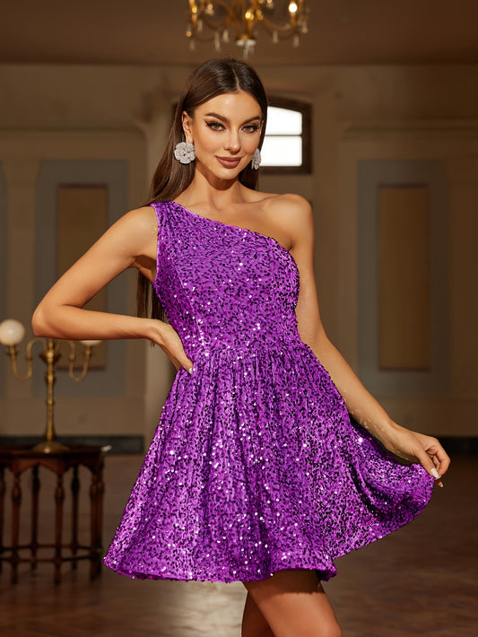 Solid One Shoulder Mini Dress, Elegant Sleeveless Sequin Dress For Party & Club, Women's Clothing