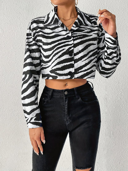 Zebra Print Cropped Jacket, Casual Button Front Long Sleeve Outerwear, Women's Clothing