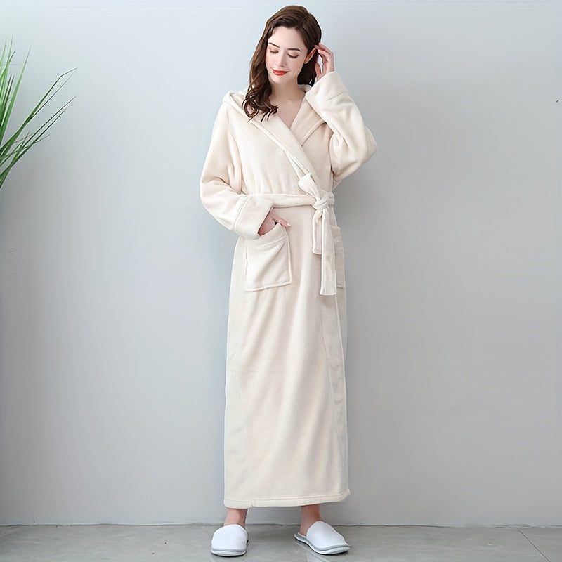 1pc Unisex Coral Fleece Bathrobe, Thickened Long Sleeve Bathrobe, Soft Couple Style Loungewear, Hooded Robe For Autumn And Winter, Bathroom Supplies