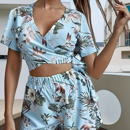 xieyinshe  Floral Print Two-piece Set, Tie Back V Neck Short Sleeve Crop Top & Elastic Waist Shorts Outfits, Women's Clothing